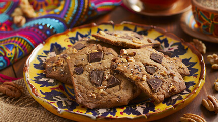 Close-up image pf cookies with chocolate and walnuts, arranged on a vibrant ceramic plate. The intricate shapes and crisp texture highlight artisan craftsmanship. A delicious, rustic dessert scene