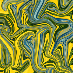 Vibrant fluid-swirl artwork in yellow, blue, and green tones, creating dynamic motion and organic flow. Bold abstract, swirl, vibrant, pattern, texture shapes enhance visual energy.