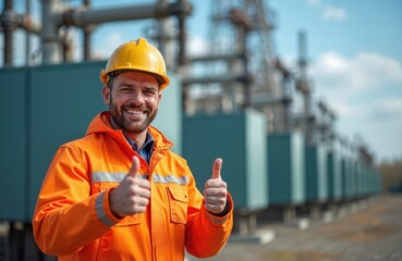 Smiling worker in orange safety suit shows thumbs up near power plant equipment. Cheerful man with helmet approves work at electrical site under blue sky
