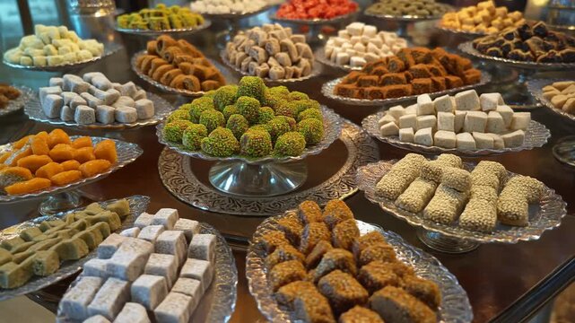 Large platter of assorted Indian sweets and snacks.