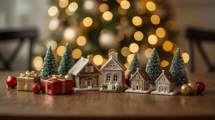 Mini Christmas village scene with gift boxes, fir trees and houses on wooden surface. Warm festive lights in background. Ideal for holiday, seasonal and decorative themes