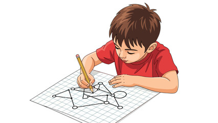 A young boy focused on drawing a network diagram with a pencil on graph paper
