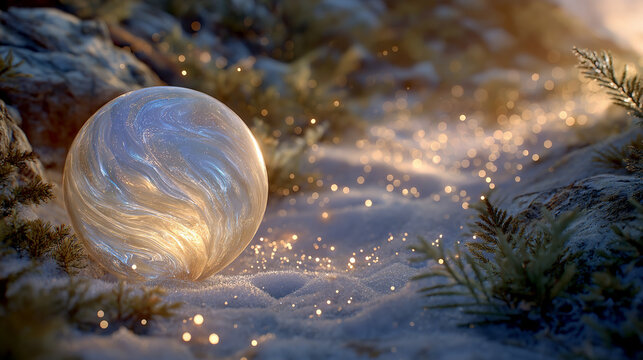 Mystical Orb:  A luminescent orb, shimmering with inner light, rests gently upon a snowy terrain, its ethereal glow casting a spell of serenity amidst a serene winter landscape.
