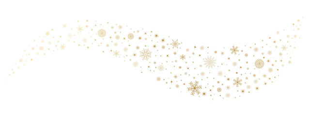 Snowflake wave border. Curved winter frame with golden snowflakes, stars and glitter dots. Elegant Christmas decorative pattern for greeting cards and festive design. Vector illustration.