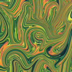 A vibrant abstract artwork with swirling green and orange forms, creating a dynamic texture and fluid motion ideal for bold artistic backgrounds.
