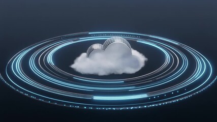 A futuristic digital cloud icon with coin stacks, encircled by glowing blue data rings on a dark background, representing cloud finance and technology. - Powered by Adobe
