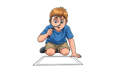 A young boy uses a magnifying glass, examining a blank paper, curious and engaged