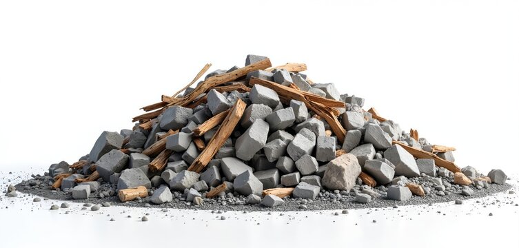 Pile of broken concrete rubble and wooden debris isolated on white background. Construction waste from building demolition or renovation site. Rubbish heap for recycling or disposal.