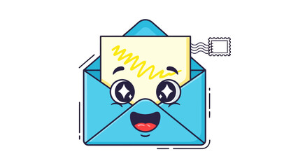 A smiling, cartoonish blue envelope with a letter, eyes, a mouth, and a postage stamp
