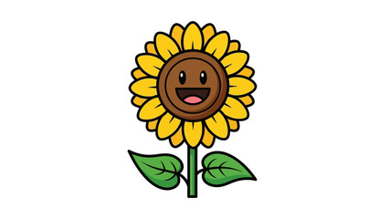 Obraz premium A cartoon sunflower illustration with a smiling face, yellow petals, and green leaves and stem