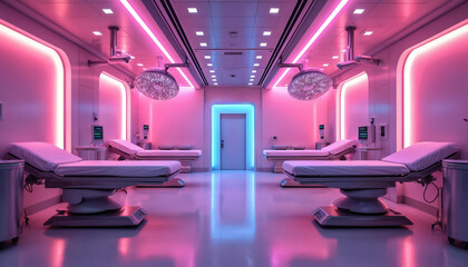 Modern operating room interior with bright pink lights. Sterile environment features surgical tables and advanced medical equipment. Futuristic design. Healthcare facility with state of the art tech.