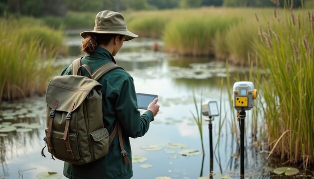 Environmental scientist with backpack and hat stands by wetland. They use tablet for data. Scientific monitoring equipment is in water. Researcher studies nature, water quality, and ecosystem health. - Powered by Adobe