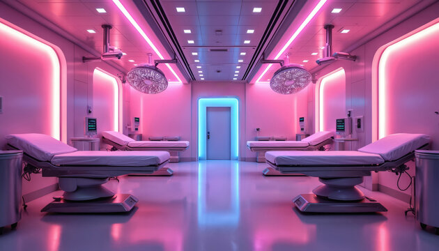 Modern operating room interior with bright pink lights. Sterile environment features surgical tables and advanced medical equipment. Futuristic design. Healthcare facility with state of the art tech.