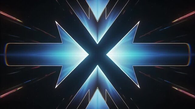 Dynamic abstract share arrow symbol splitting the screen. Blue neon lines creating a transition or opening visual. Concept for data sharing and connection.