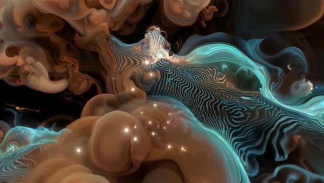 Artistic 4K abstract background featuring a dynamic blend of brown fog water and ink creating a swirling floating color mist and glowing smoke all overlaid with glitter a zebra texture and cloud