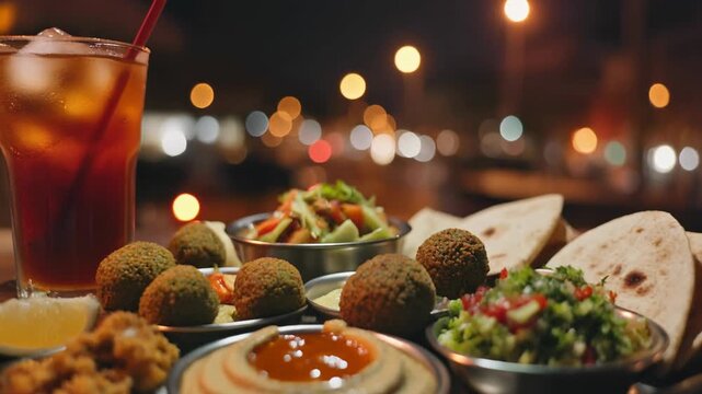 Assorted Mediterranean dishes served with vibrant dips and salads.