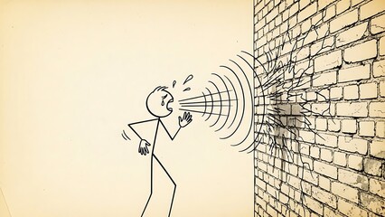 Stick Figure Shouting Breaking Brick Wall Illustration.