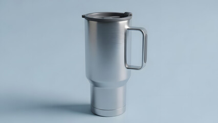 Insulated silver travel mug with a handle on a blue background, perfect for branding mockups or outdoor drink concepts.