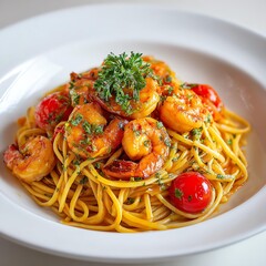 Delicious shrimp pasta with tomatoes and herbs.