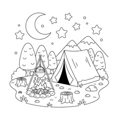Fototapeta premium A black and white line drawing of a campsite with a tent and campfire