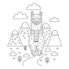 Obraz premium A cartoon llama stands on a path between mountains and clouds
