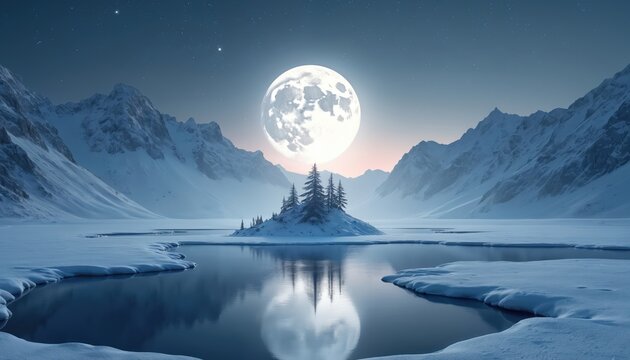 Huge bright full moon glows above vast snowy mountain peaks. Moonlight reflects in calm frozen lake with dark open water. Evergreen trees stand on small snow island. Stars dot clear, cold winter