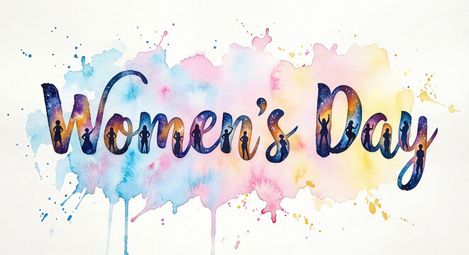 Artistic watercolor painting of the text 'Women's Day'.