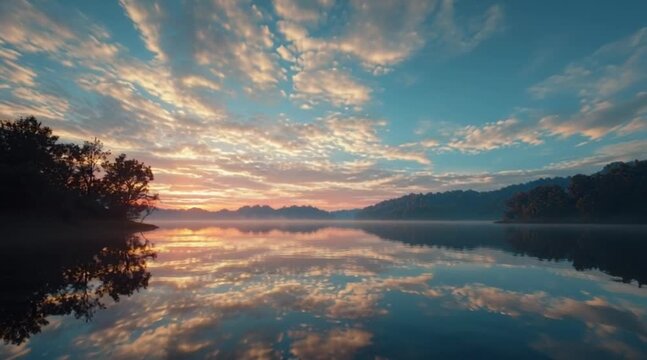 Gentle sunrise paints the lake with dreamy colors, inspiring feelings of tranquility and peace for travel vlogs or nature documentaries