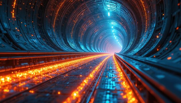 Tunnel with glowing orange and blue lights. Underground infrastructure with rail tracks. Futuristic underground tunnel with bright lights and metallic walls.