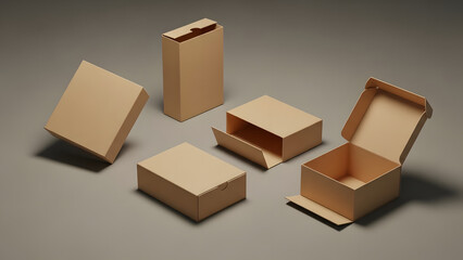 Versatile collection of blank brown cardboard boxes, open and closed, ideal for packaging, shipping, and e-commerce mockups.