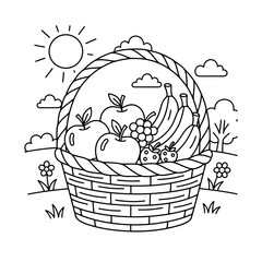 A line drawing of a fruit basket outdoors under a sunny sky