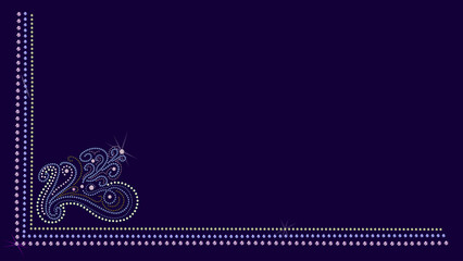 Luxury gemstone frame with decorative swirl pattern.Elegant rhinestone border with sparkling jewel accents and a decorative floral swirl corner design on a deep purple background