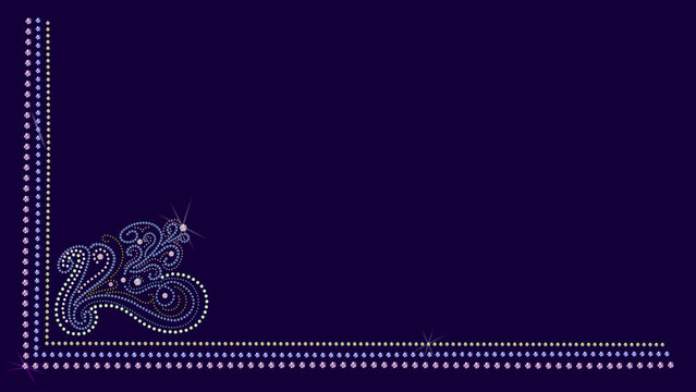 Luxury gemstone frame with decorative swirl pattern.Elegant rhinestone border with sparkling jewel accents and a decorative floral swirl corner design on a deep purple background