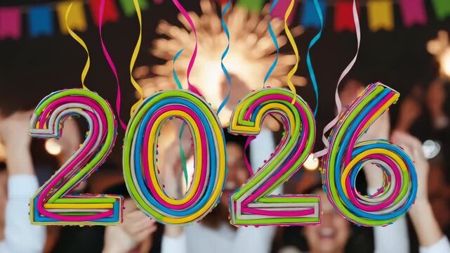 Colorful ribbon curls and confetti forming the text 2026 on a bright party background for a lively happy new year mood