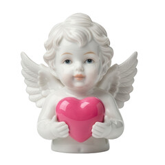 Fototapeta premium White porcelain cherub figurine tenderly cradles a glossy pink heart