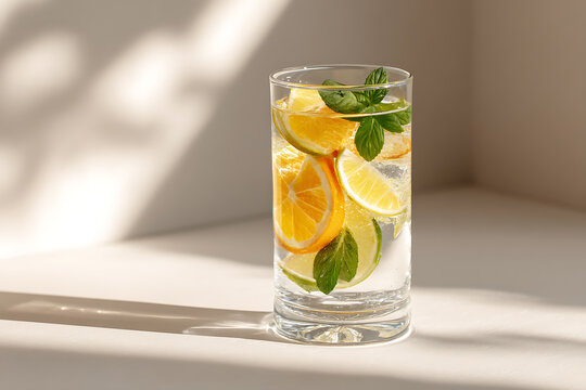 mocktail still life, a serene, sober january scene crystal glass with sparkling water, citrus slices, and mint embodying a clean, refreshing wellness vibe