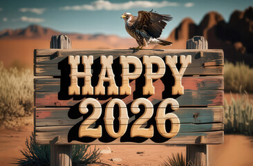 Western-style wooden sign with Happy 2026 written on it and a young eagle on it