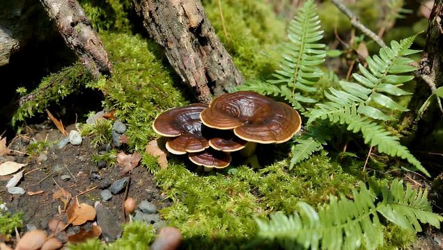 Detailed 4K video footage captured from an elevated viewpoint showing exotic Ganoderma mushrooms thriving adjacent to vibrant green moss gnarled tree roots and graceful ferns meticulously arranged in