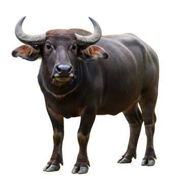A large, dark brown water buffalo standing on a white background, facing the viewer.