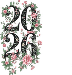 Floral Doodle 2026 Typography. 2026 Sketchbook Number Art with Flowers and Vines.  Numeric Flowers Blossom leaves Elements Floral. For print, cards, design, banner, poster, calendar
