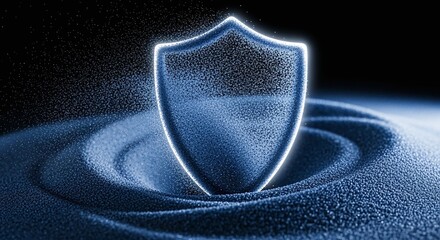 A glowing blue shield icon emerges from a swirling vortex of digital sand, symbolizing robust cybersecurity, data protection, and network defense concept