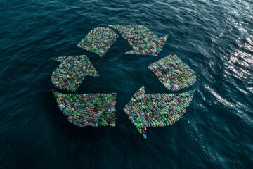 Plastic bottle recycling symbol floating on ocean water