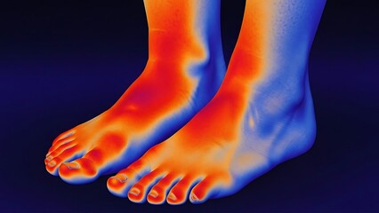 Thermographic image of human feet showing temperature variations and circulation.