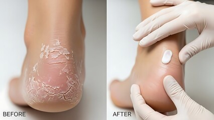 Before and After Foot Care Treatment for Dry Cracked Heels.