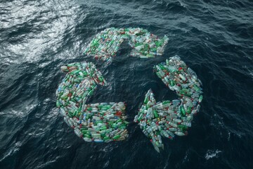 Plastic bottles forming recycling symbol floating in ocean