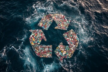 Plastic waste forming recycling symbol floating in ocean