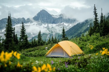 Yellow camping tent in mountain wilderness landscape