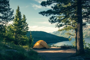 Camping tent offering panoramic view of lake and mountains