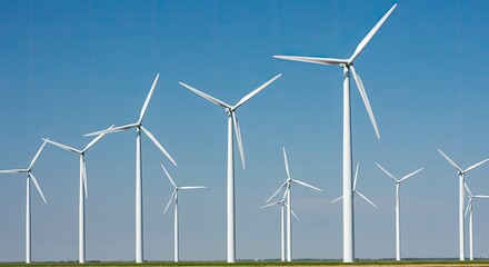 Array of Wind Turbines Generating Clean Energy Under Blue Sky