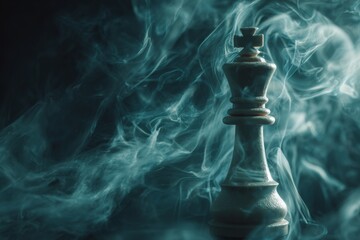 Chess king piece surrounded by smoke and mystery